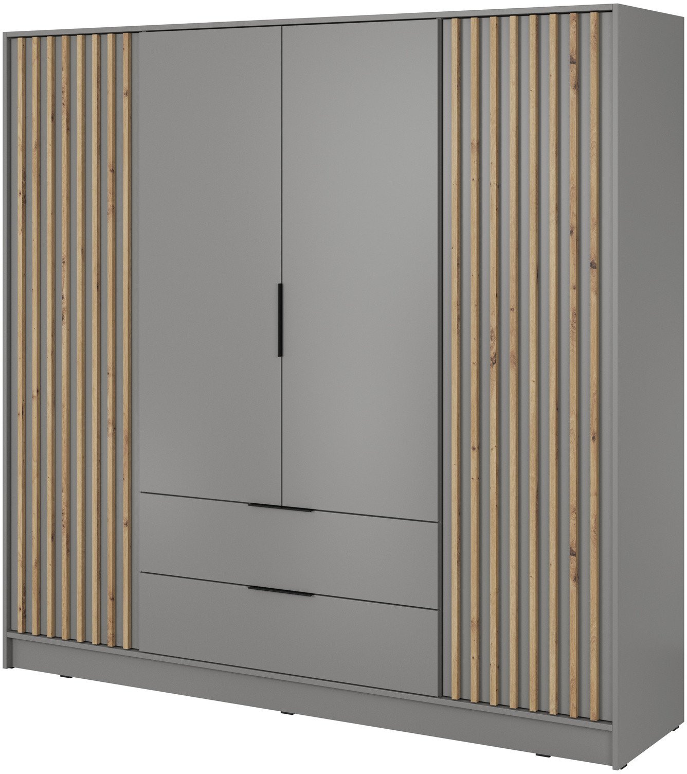 Szafa Stilo w kolorze szarym czterodrzwiowa z szufladami i lamelami na froncie