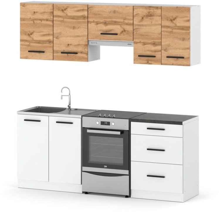 Kuchnia Nowoczesna Modułowa Pojemna Z Blatem 2m Biały Dąb Wotan Biały Mat
