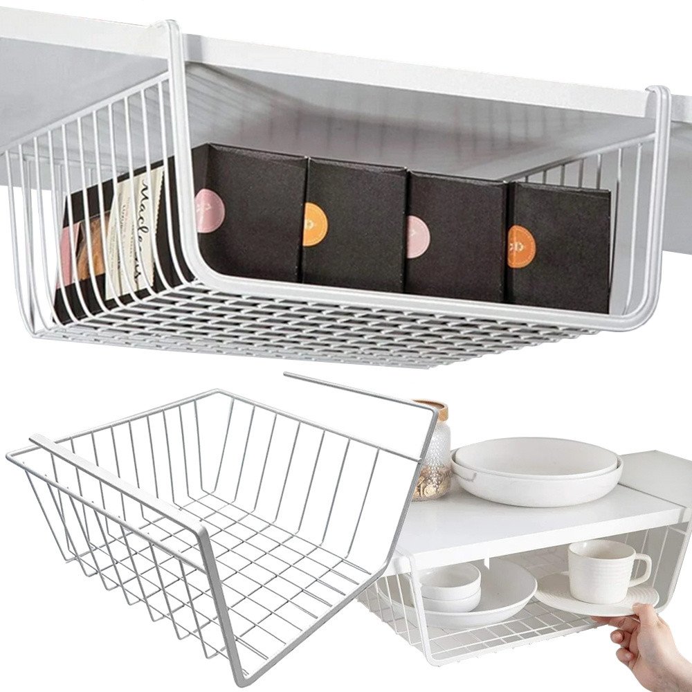Kosz podwieszany pod półkę kosz metalowy organizer koszyk kuchenna biała