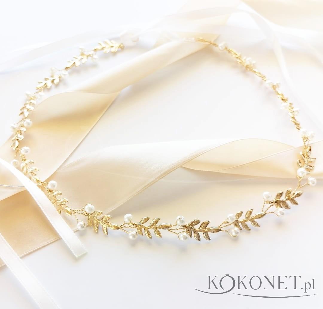 KOKONET Wianek ślubny złoty z perełkami i listkami GOLD