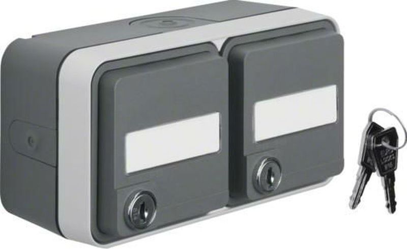 Hager Berker W.1 Gniazdo podwójne poziome SCHUKO na klucz z polem opisowym kompletne IP55 szary 47893525