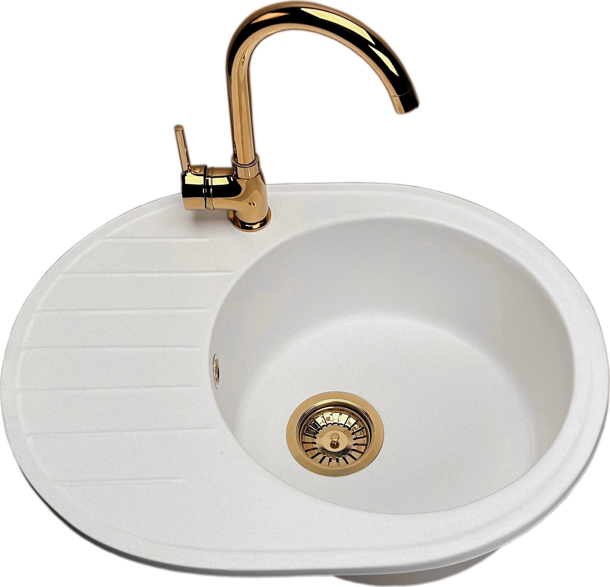 Zlewozmywak PREHNIT Zlewozmywak jednokomorowy z ociekaczem VISTA biały z lewymm ociekaczem + bateria złota