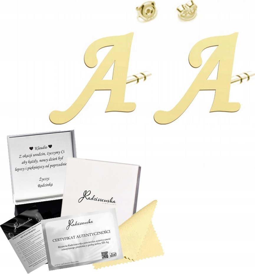 Radziszewska Jewellery Złote Kolczyki z Literą Sztyfty SREBRO 925 Damskie Prezent ŻYCZENIA GRATIS