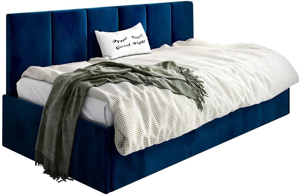 Łóżko młodzieżowe SORA 90x200 granatowe z tapicerowanym panelem i pojemnikiem na pościel MKPOL