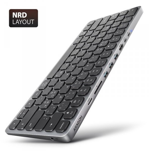 AXAGON Klawiatura HMC-KB-NRD USB-C 5Gbps z wieloportowy hub 9in1, SD/microSD, 3x USB-A, HDMI 4K/60Hz, PD 100W, Audio, Nordic layout, 60cm USB-C kabel