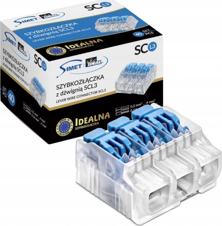 Simet Szybkozłączka otwierana do linek i drutów 3x 0,2-4mm2 32A 1szt. Simet Ideal SCL3 88000313S transparentna/niebieska