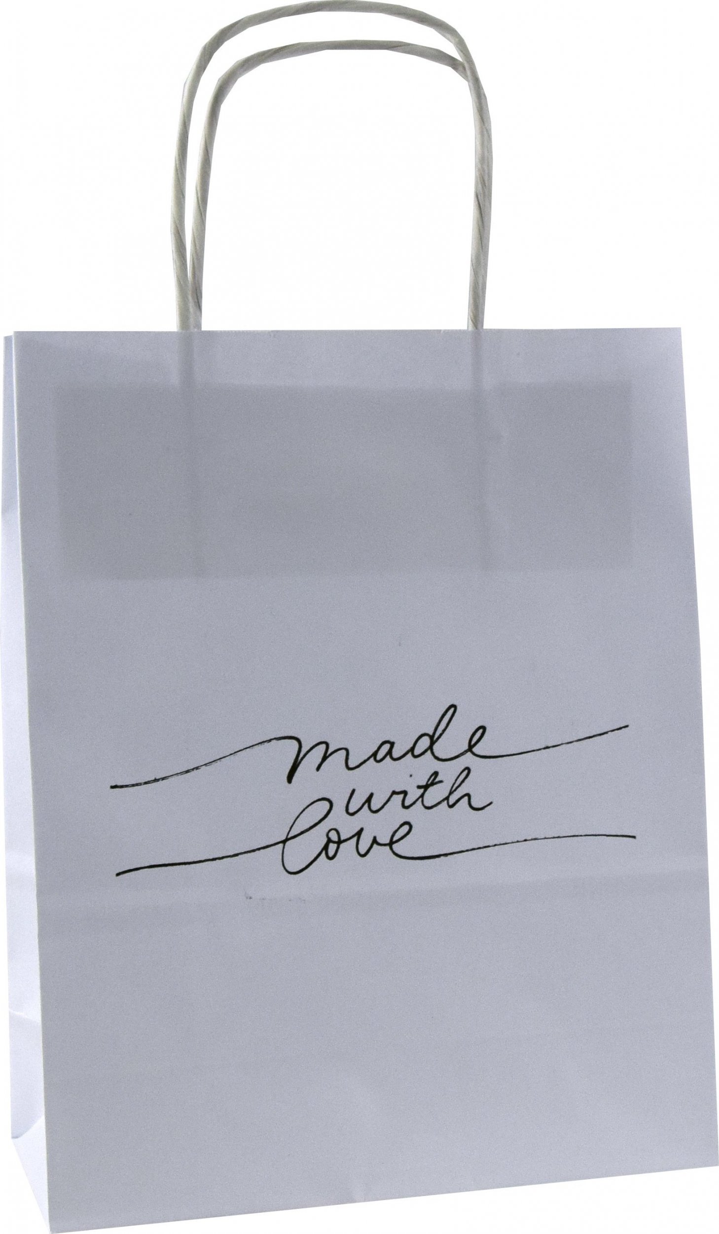 TorbyPRO torba papierowa biała A5 z nadrukiem MADE WITH LOVE napis