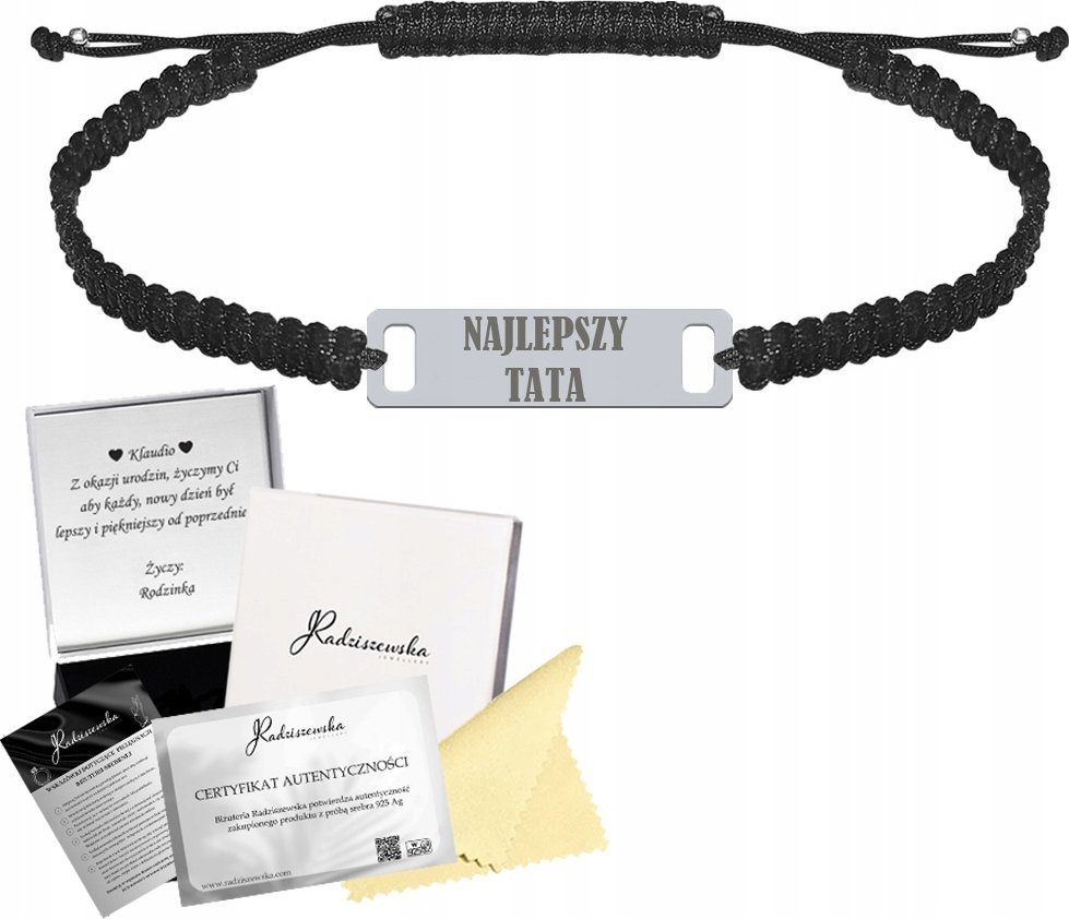 Radziszewska Jewellery Bransoleta Srebrna Najlepszy Tata Blaszka z Grawerem 925 Sznurek Prezent
