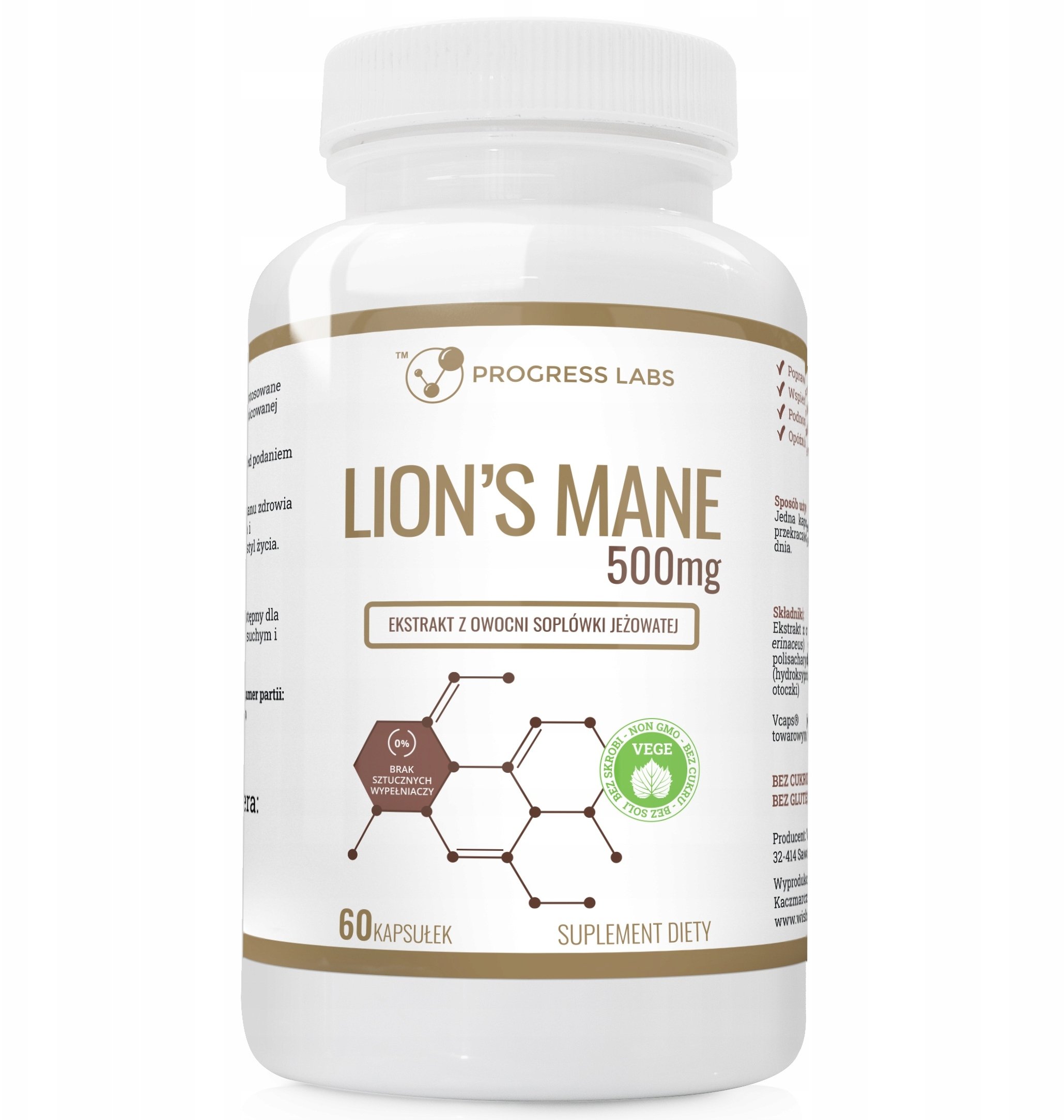 MYVITA PROGRESS LABS_Lion's Mane 500mg ekstrakt z owocni grzyba soplówki jeżowatej suplement diety 60 kapsułek