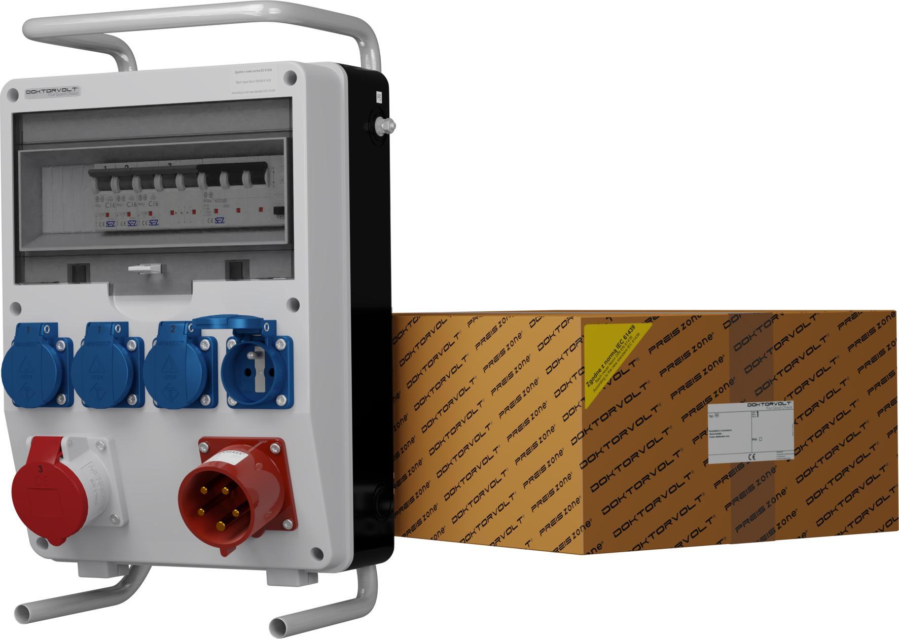 Doktorvolt Rozdzielnica budowlana na stojaku z wtyczką odbiornikową 32A TD-S/FI 16A 4x230V Doktorvolt 0243