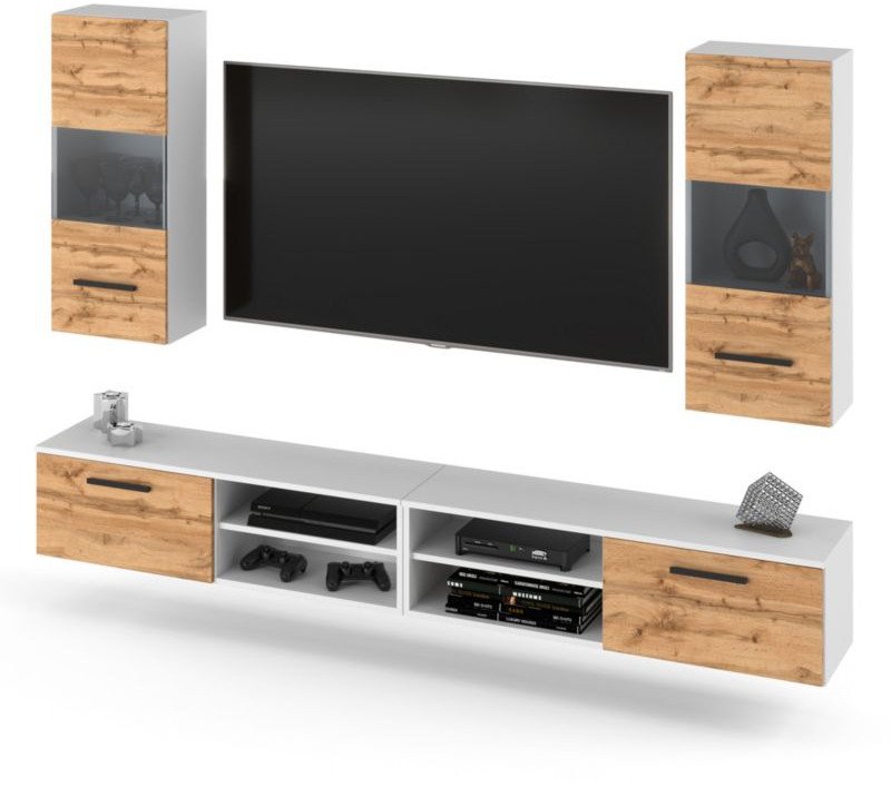 Meblościanka Młodzieżowa Do Salonu Rtv Nowoczesna 240cm Biała Dąb Wotan