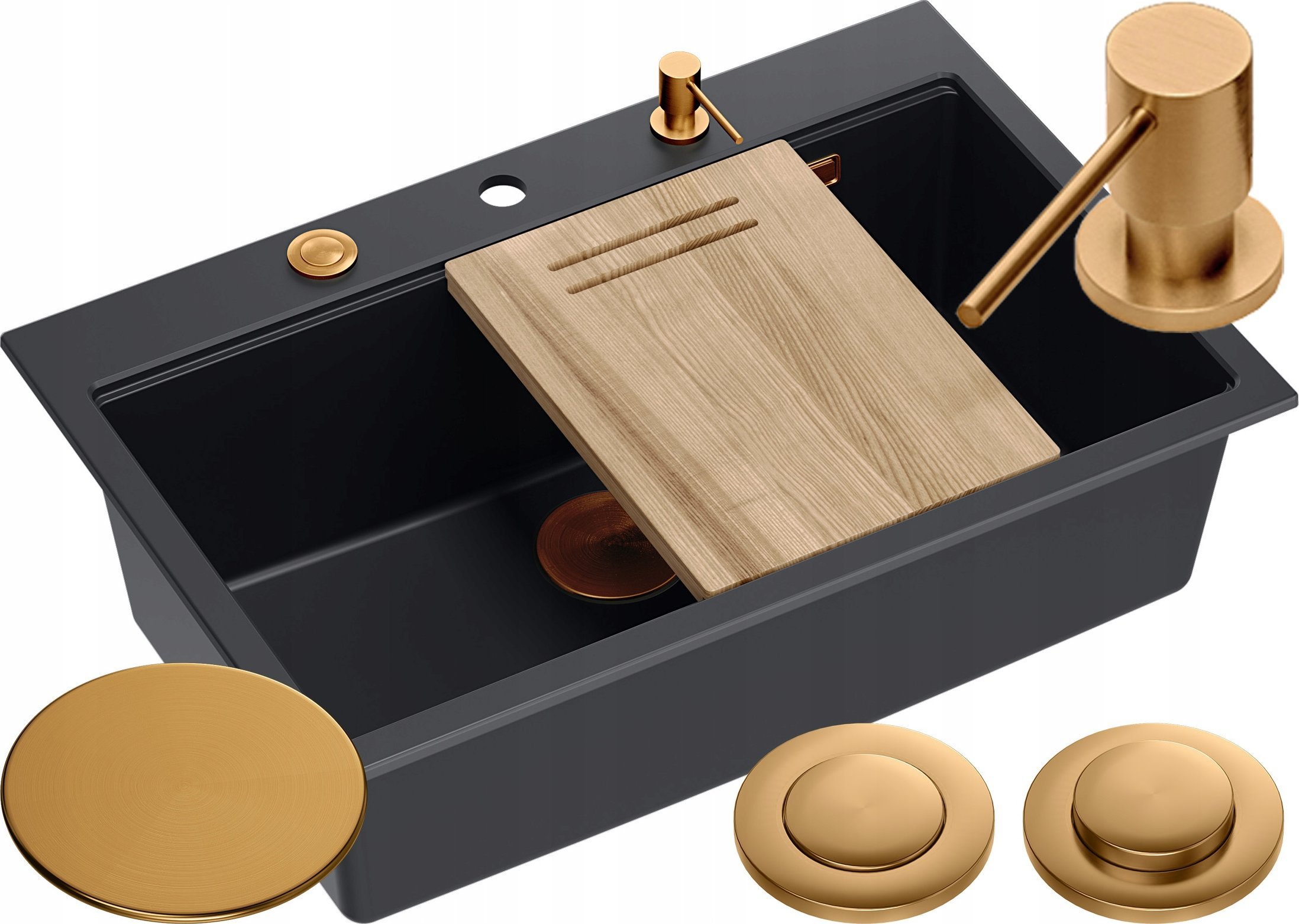 Zlewozmywak GraniteQ Zlewozmywak granitowy MARC 1-komorowy 76x50 cm czarny/pure carbon + Nano MIEDŹ PVD