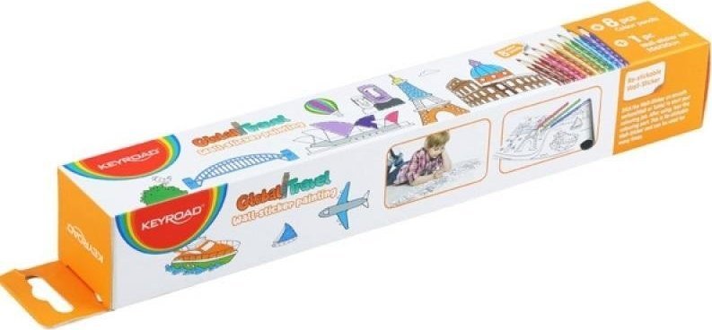 Keyroad Naklejka na ścianę KEYROAD Global Travel, do kolorowania, 206x30cm + 8 kredek, mix kolorów