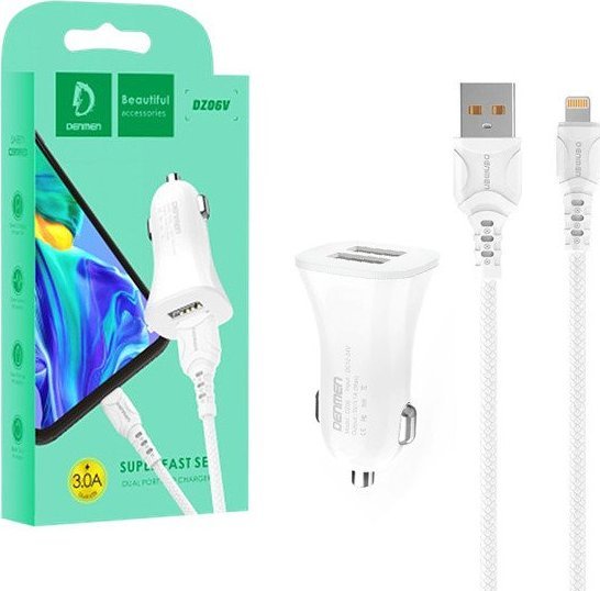 Ładowarka Vega ŁADOWARKA SAMOCHODOWA 3A + KABEL IPHONE BIAŁA DENMEN 3100mA DUAL FAST CHARGING 2XUSB DZ06L 15W>