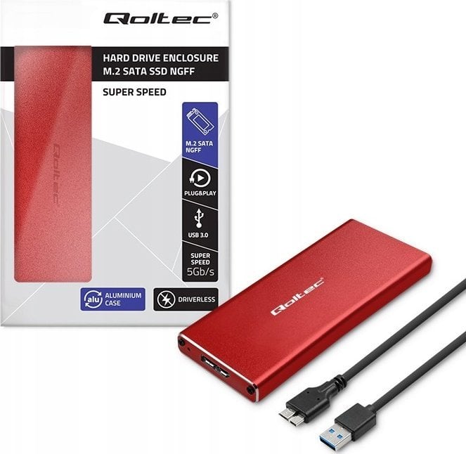 Kieszeń Qoltec Obudowa/kieszeń Qoltec na dysk M.2 SSD | SATA | NGFF | USB 3.0 | Super speed 5Gb/s | 2TB | Czerwony