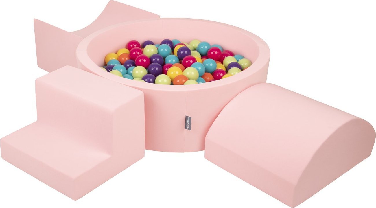 KiddyMoon Piankowy plac zabaw PPZP-OK30D-134 z piłeczkami różowy: jasny zielony-żółty-turkus-pomarańcz-ciemny róż-fiolet basen 300/rampa L/półwałek L/