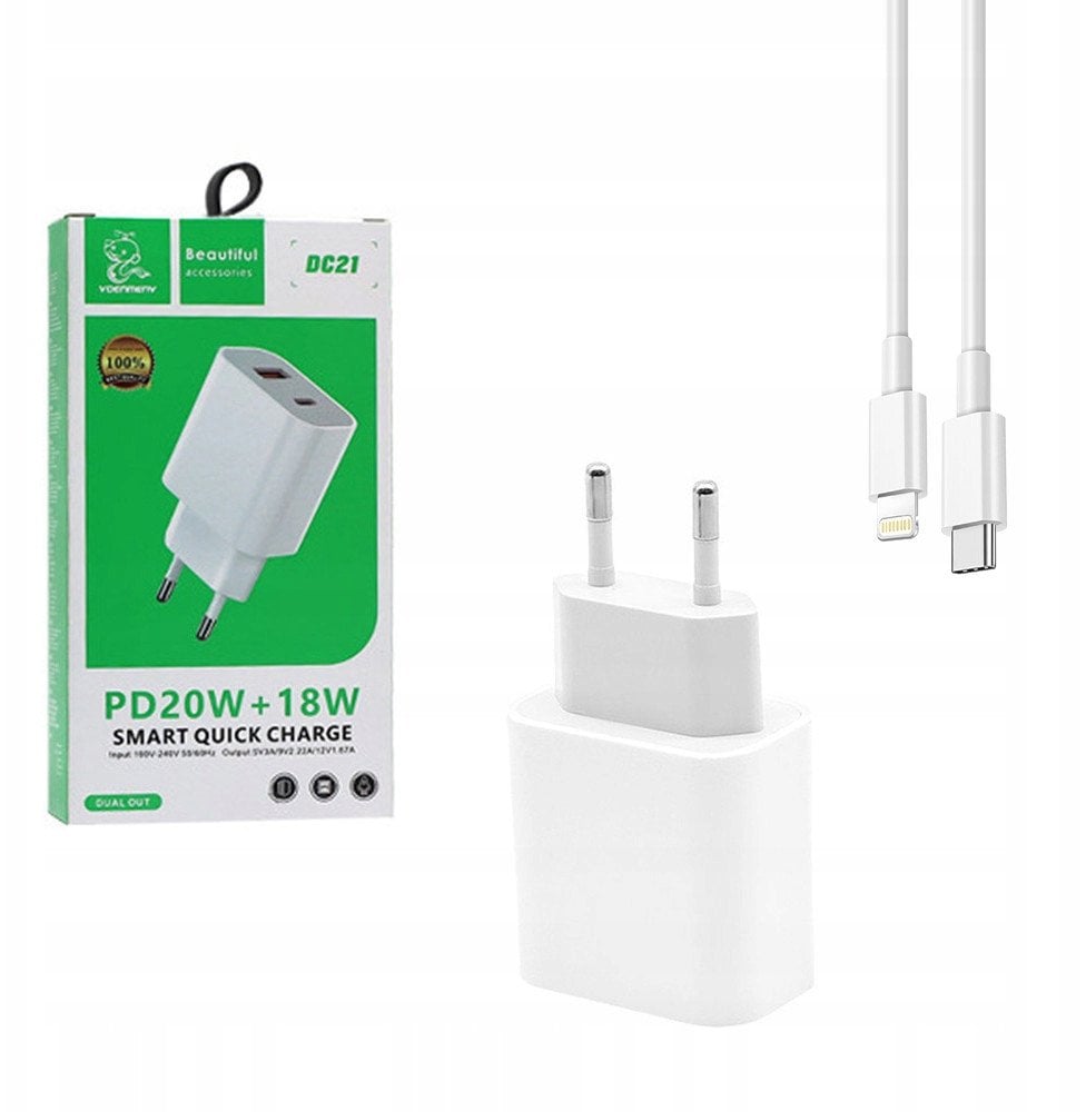ŁADOWARKA SIECIOWA 3A 20W BIAŁA DENMEN 3600mA DC21 USB+TYP-C PD+C3.0 + KABEL USB TYP-C DO LIGHTNING 2A BIAŁY USB 3.0 PD USB-C
