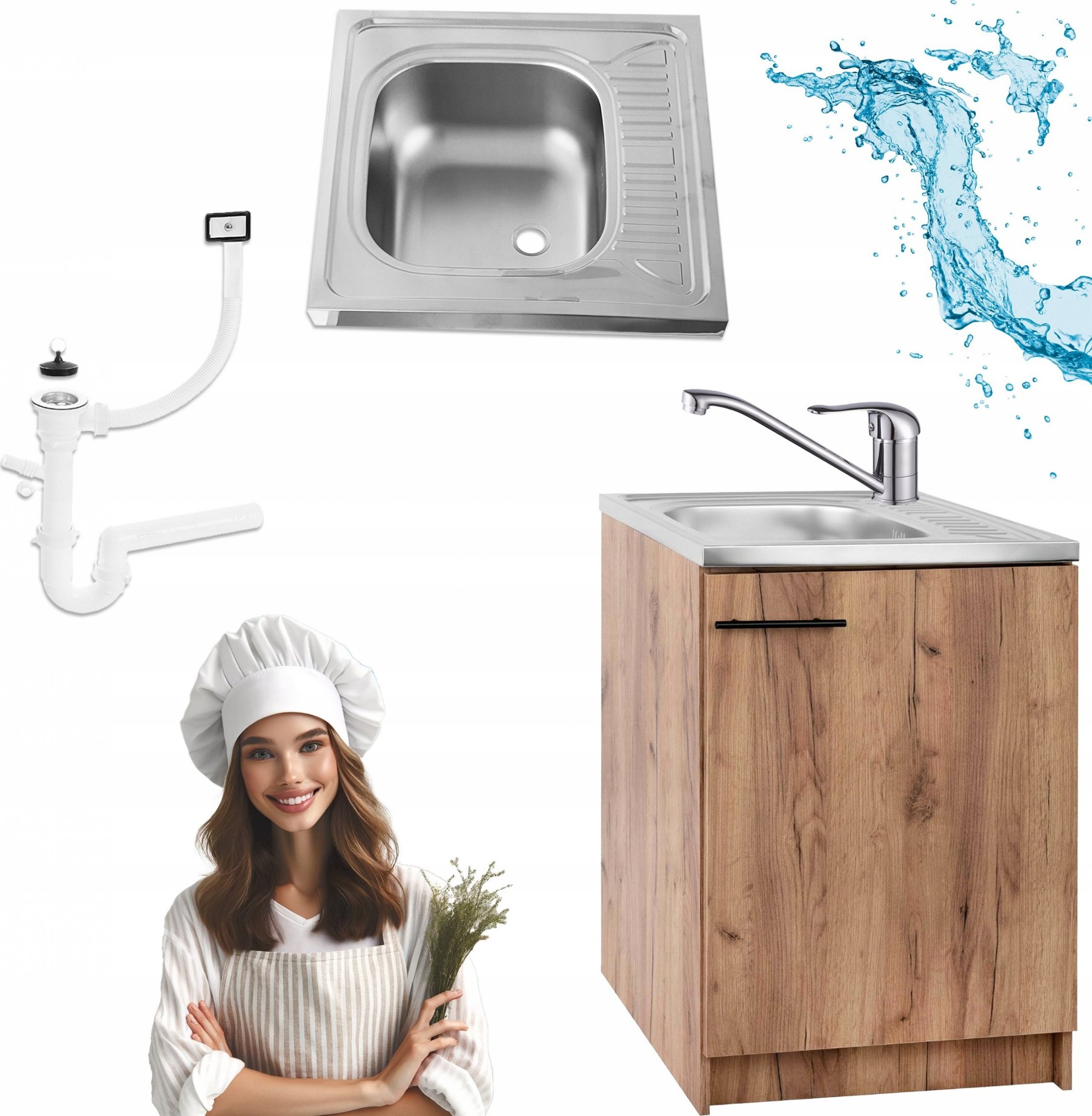 Stamar Szafka Kuchenna 60 x50 Dąb Złoty + Zlew Deante + Bateria Chrom Syfon