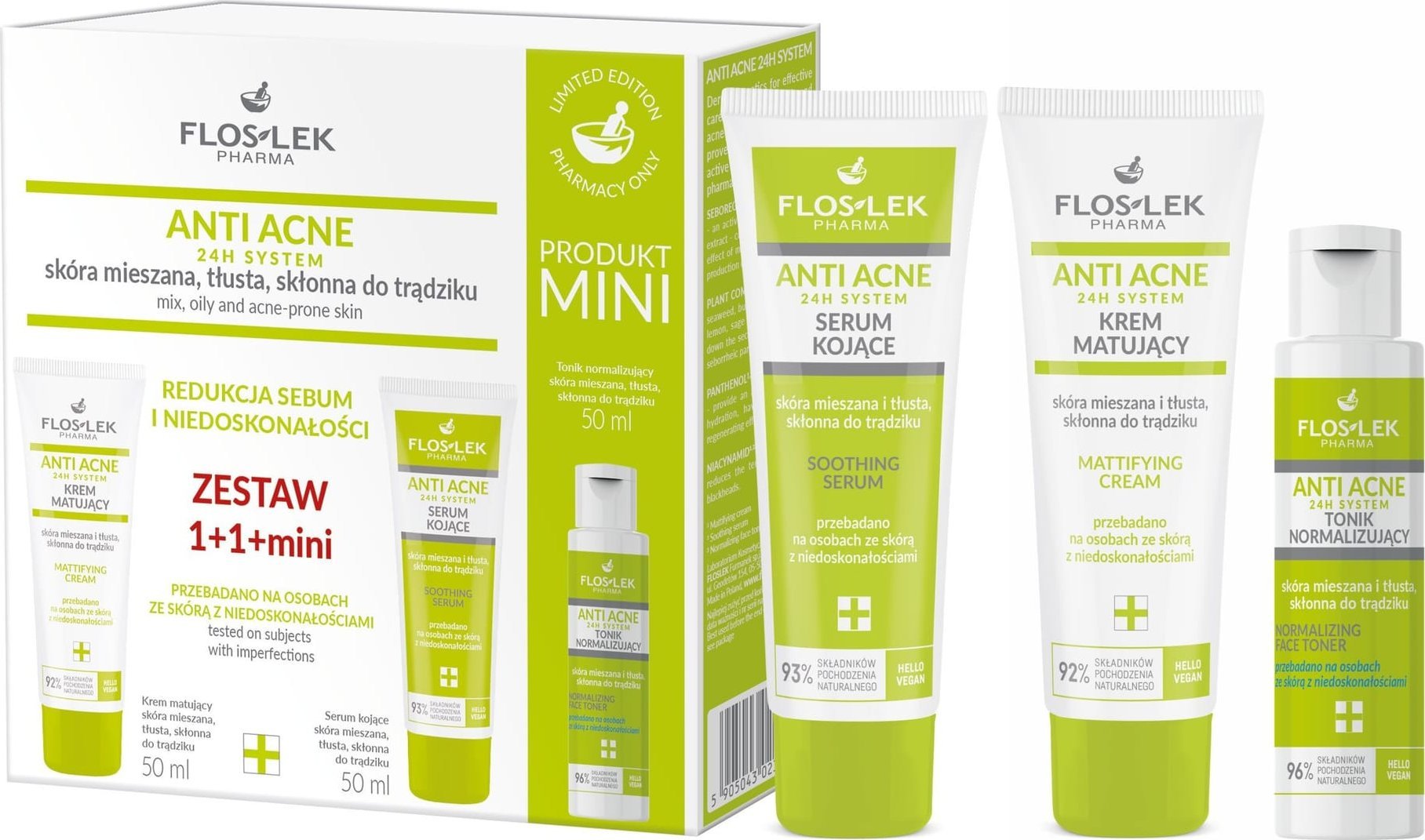 Floslek FLOSLEK Zestaw prezentowy Anti Acne Krem matujacy + Serum kojące + Tonik normalizujący
