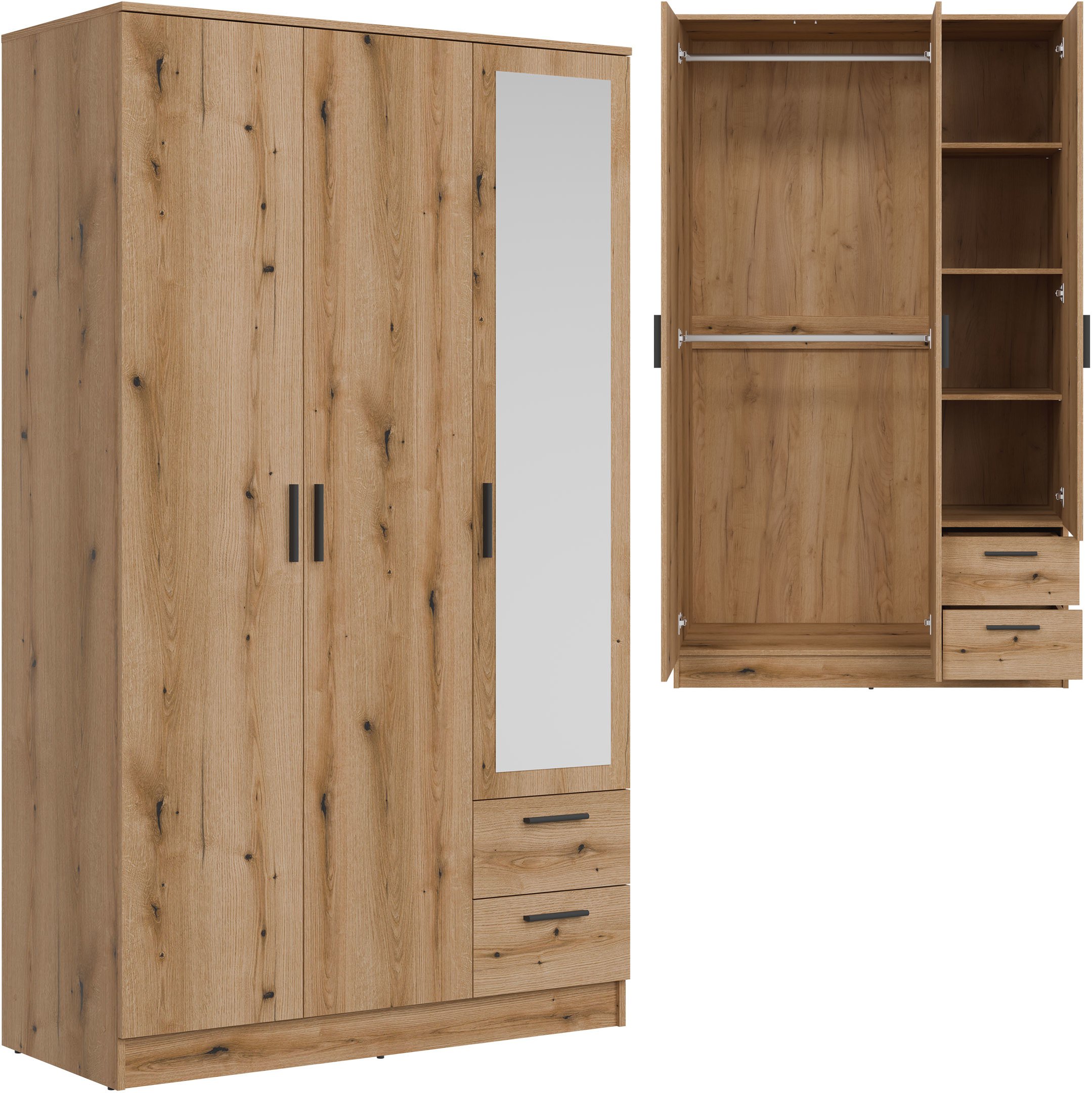 Szafa trzydrzwiowa z szufladami i lustrem 120 cm dąb evoke MONTANA MT03
