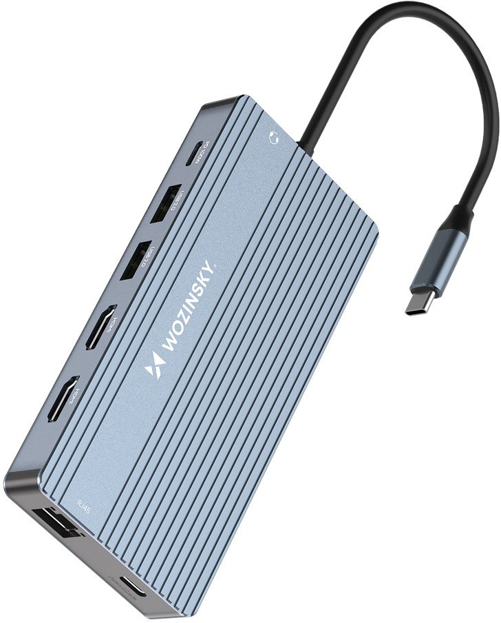 14w1 HUB do 3 monitorów USB-A USB-C DisplayPort HDMI RJ45 SD TF mini jack - szary 14w1 HUB do 3 monitorów USB-A USB-C DisplayPort HDMI RJ45 SD TF mini