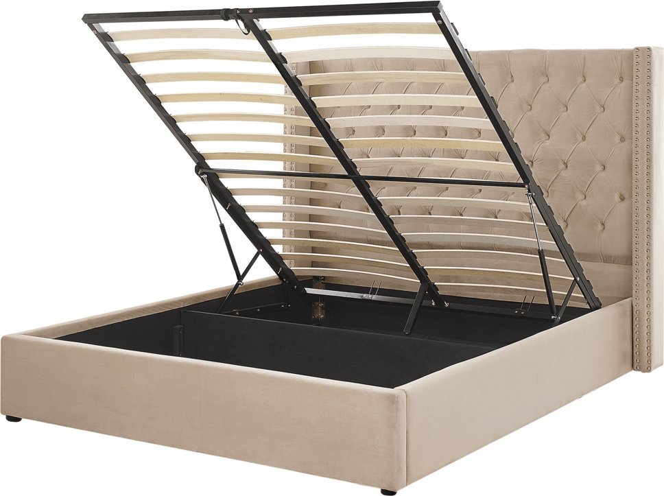 Beliani Łóżko z pojemnikiem welurowe 160 x 200 cm beżowe LUBBON