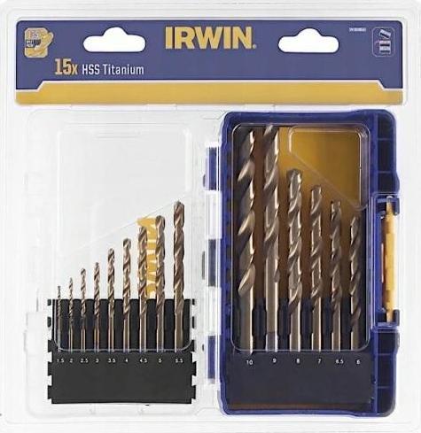 Wiertło Irwin Zestaw 15szt. HSS TiS 1.5mm, 2mm, 3.5mm, 4mm, 4.5mm 5mm, 5.5mm, 6mm, 6.5mm, 7mm, 8mm, 9mm, 10m IW3038501