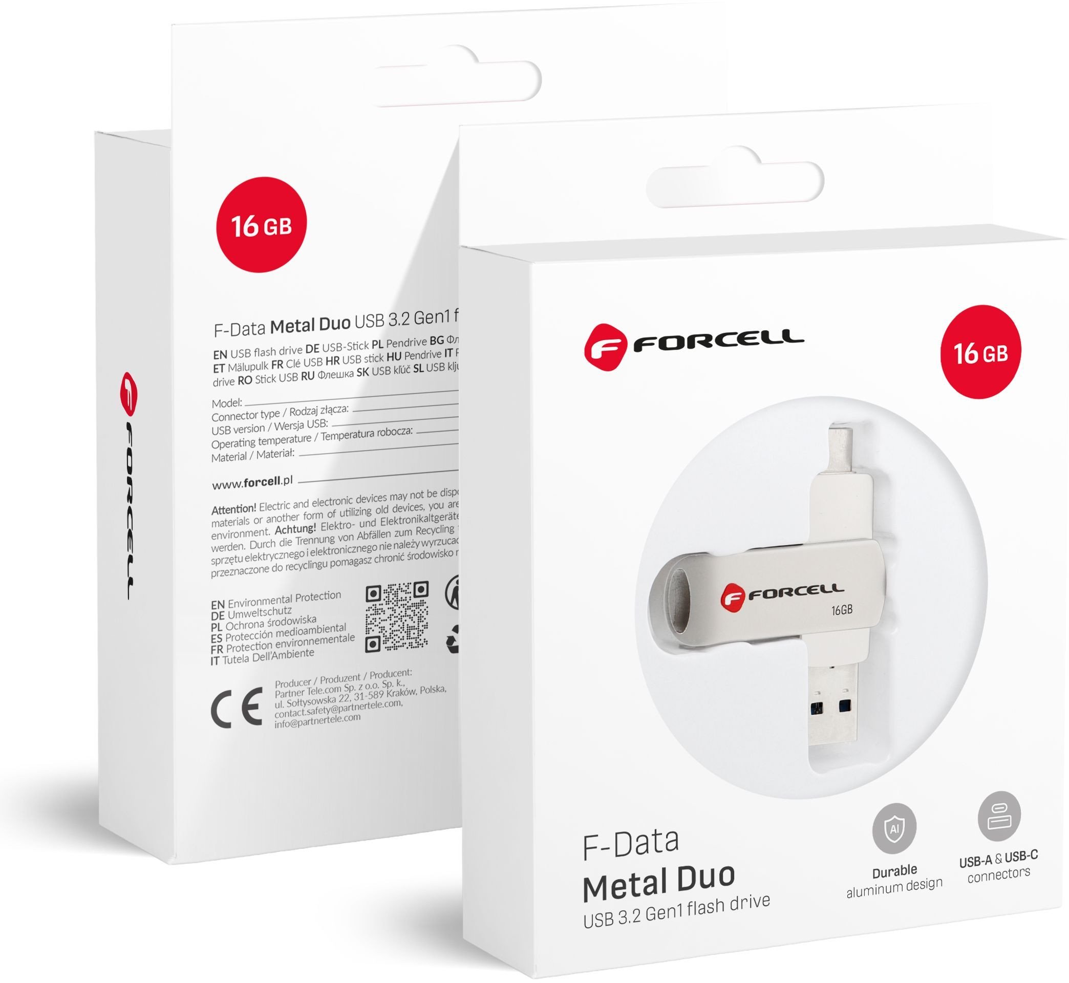 Pendrive 16GB USB 3.2 Gen 1 (USB A / USB C) Forcell F-Data Metal Duo srebrny