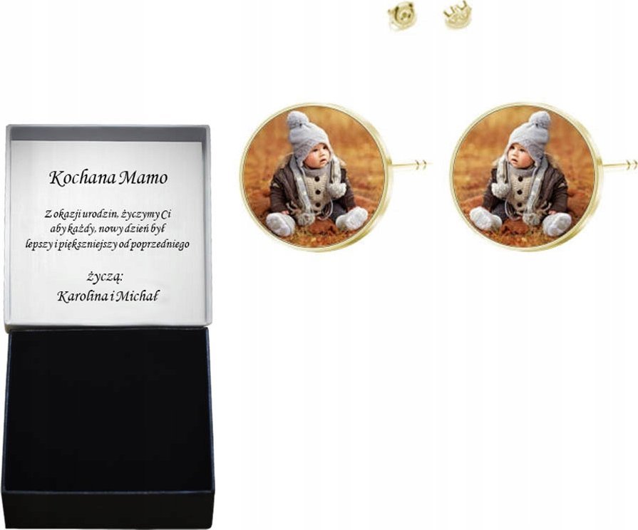 Radziszewska Jewellery Kolczyki Złote ze Zdjęciem Personalizacja 925 Dzień Kobiet ŻYCZENIA GRATIS