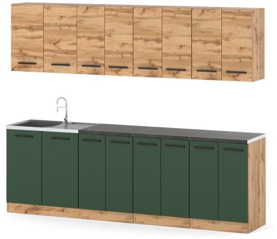 Kuchnia Z Blatem Duża Modułowa Vero 2.6m Wotan Dąb Wotan Butelkowa Zieleń