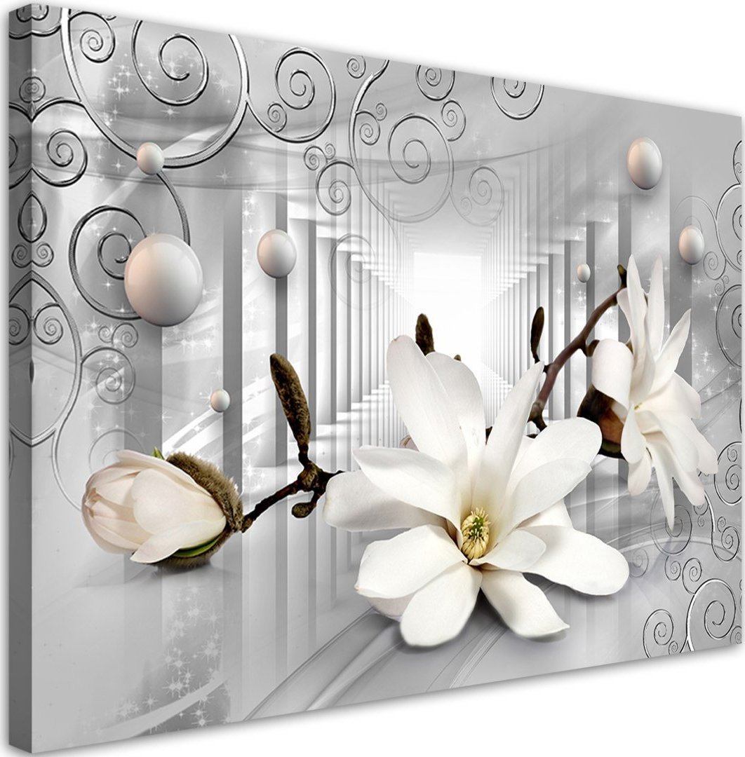 Feeby Obraz na płótnie, Kwiaty w tunelu i srebrne kule 3D - 120x80