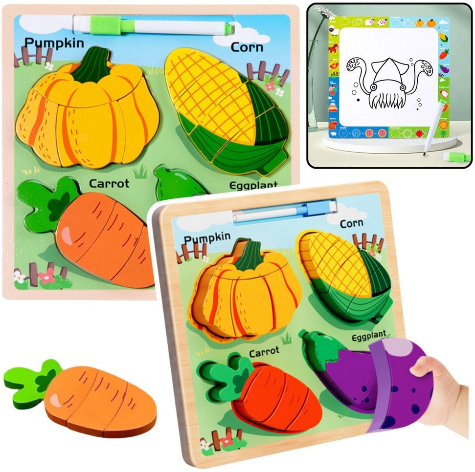 Układanka Tablica 2w1 Drewniana Edukacyjna Warzywa Pisak