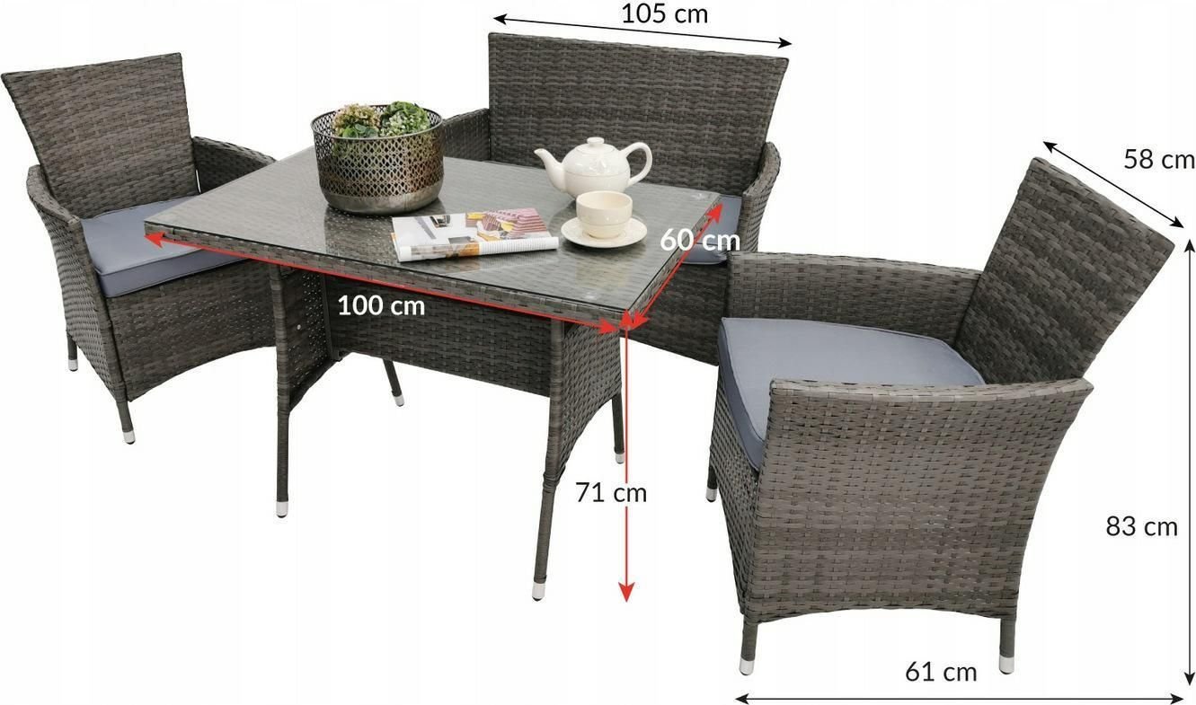 Zestaw mebli ogrodowych technorattan 2x fotel sofa stół LIDO 3cz. j. szary