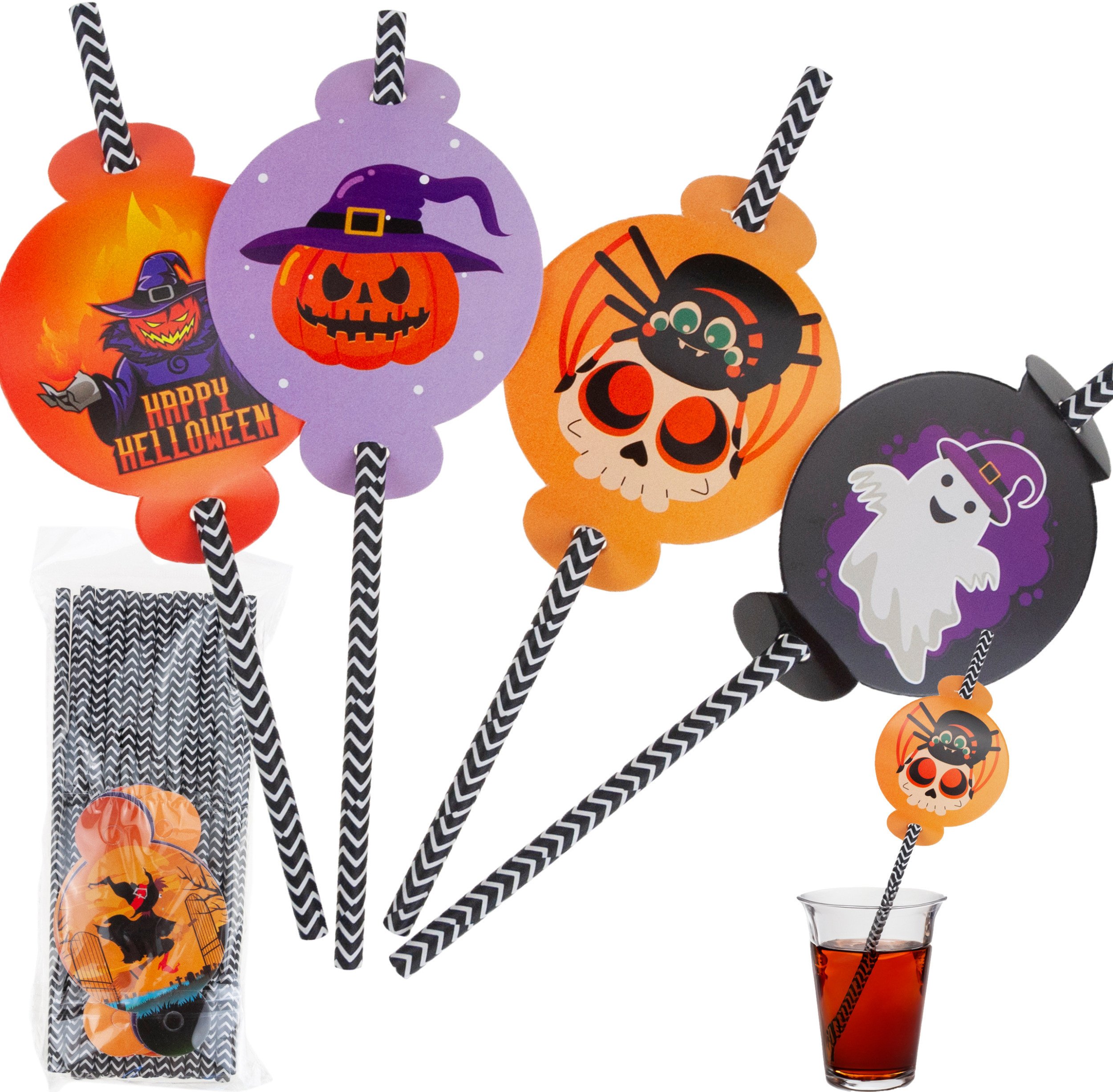 GoDan TG73018 SŁOMKI PAPIEROWE Z DEKORACJĄ HALLOWEEN RURKI DUSZKI DYNIA NIETOPERZ