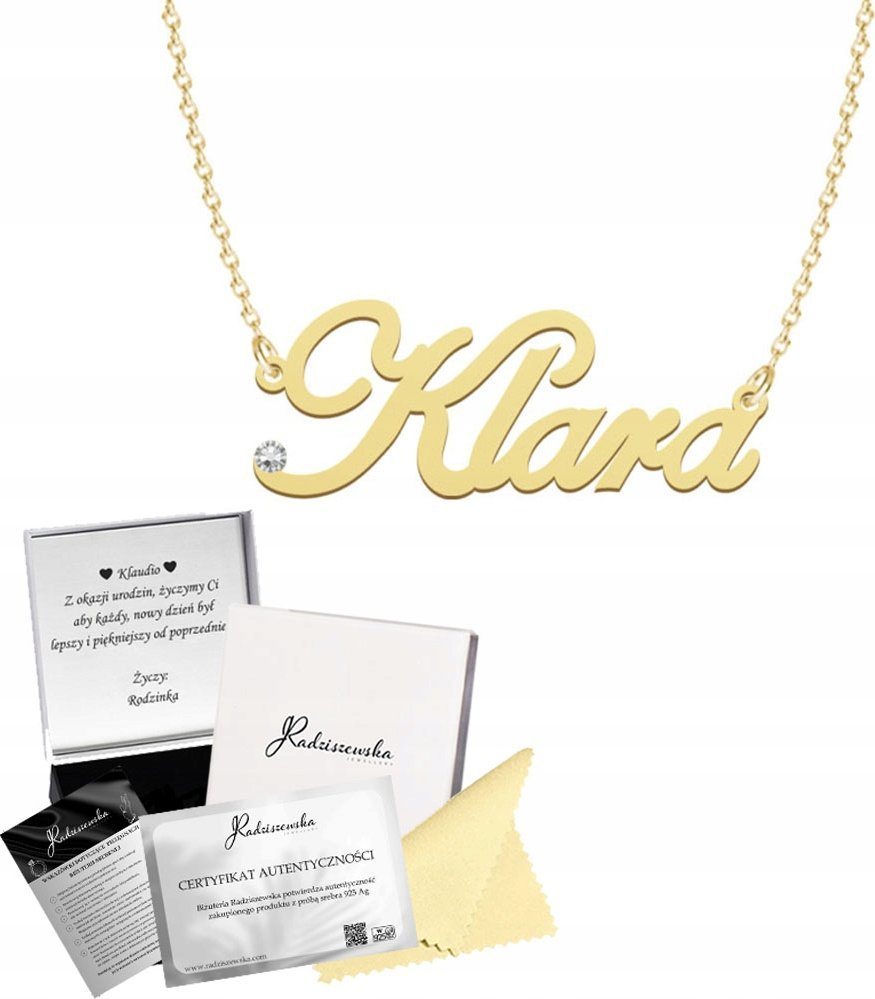 Radziszewska Jewellery Złoty Naszyjnik z imieniem KLARA Łańcuszek SREBRO 925 Prezent Dedykacja