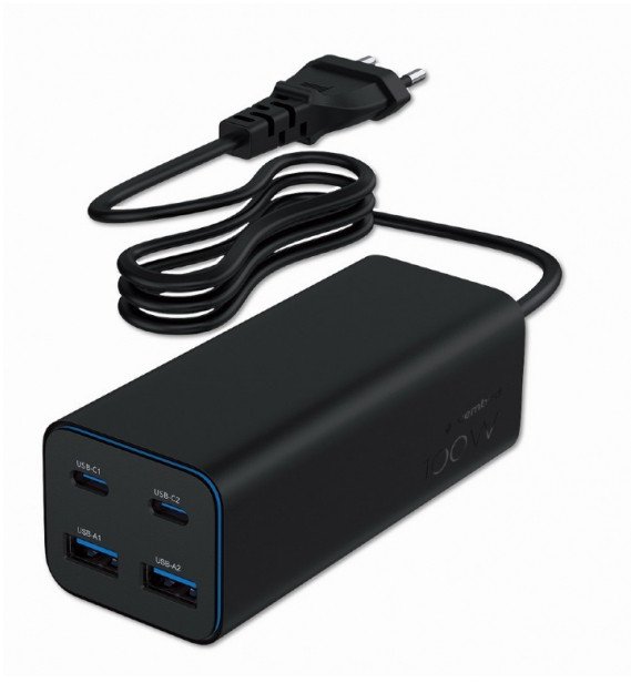 gembird Ładowarka uniwersalna 100W GaN 2xUSB-A 2xUSB-C szybkie ładowanie czarna