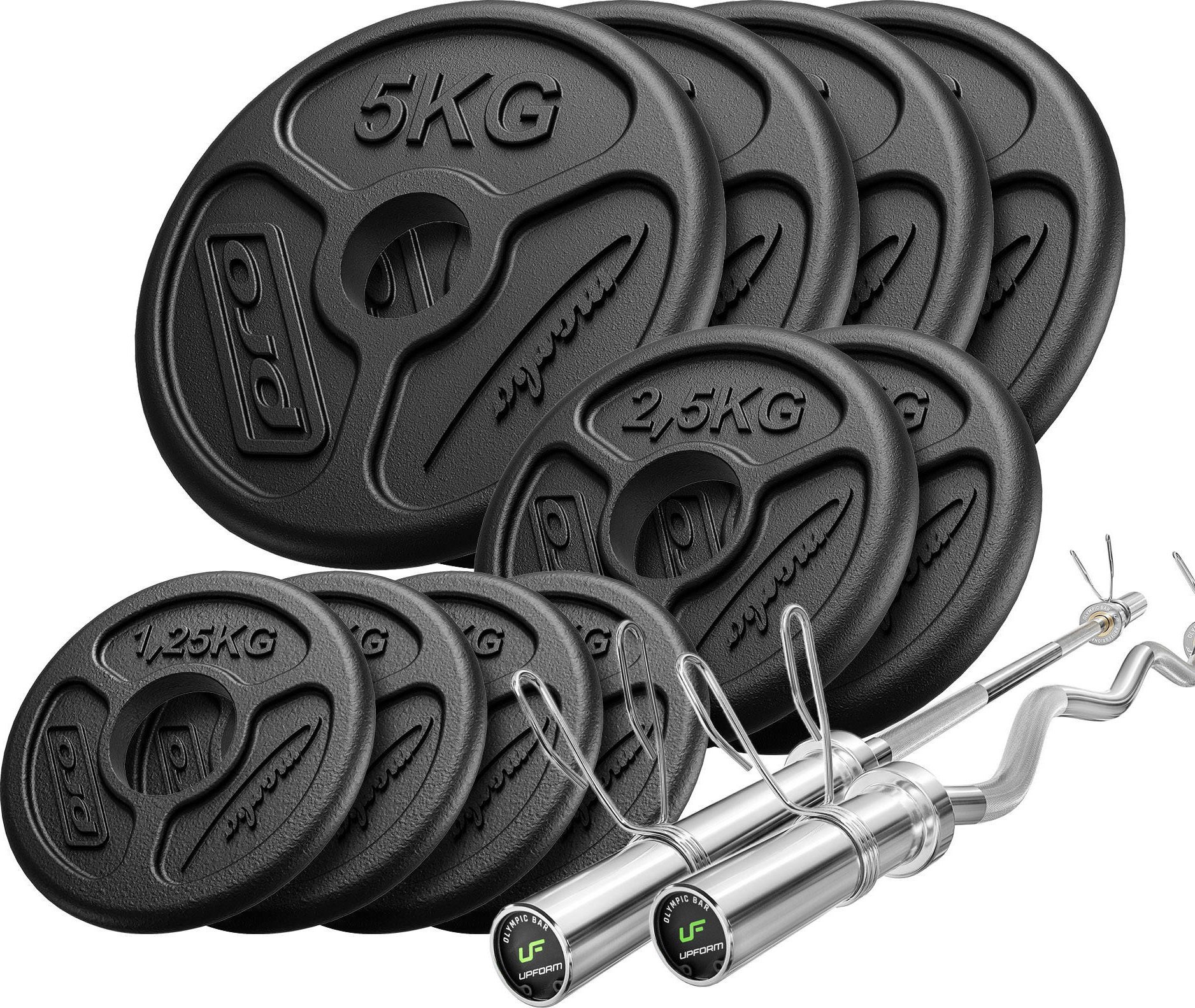 Zestaw 55kg | Gryf olimpijski 180cm + gryf olimpijski lekko łamany 120cm + obciążenia olimpijskie 4x5kg, 2x2,5kg, 4x1,25kg - Marbo Sport