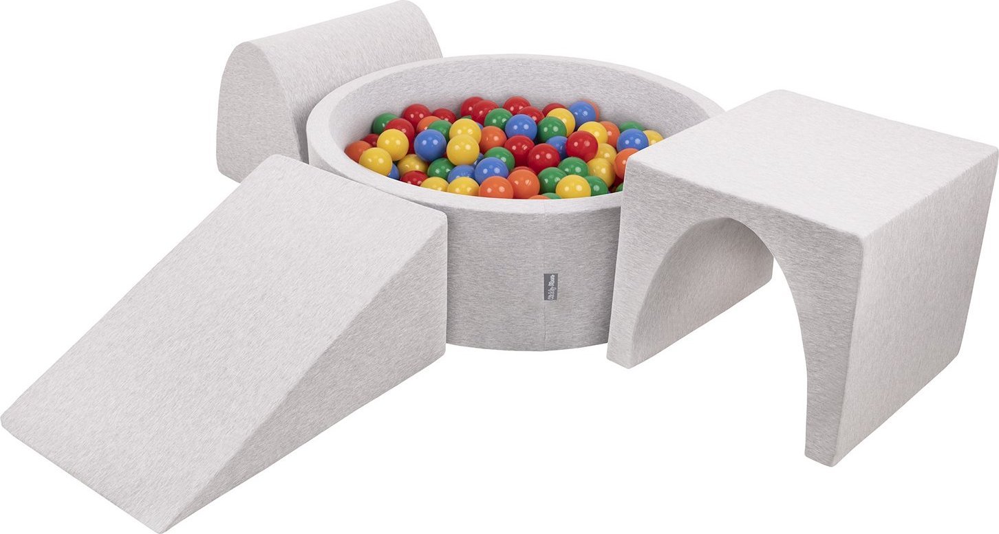 KiddyMoon KiddyMoon Piankowy plac zabaw PPZP-OK30D-124 z piłeczkami jasnoszary: żółty-zielony-niebieski-czerwony-pomarańcz basen 200/klin L/górka/tune