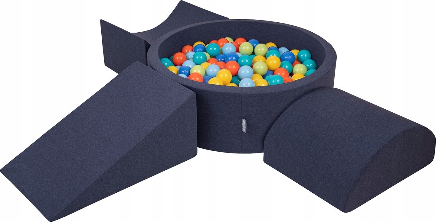 KiddyMoon Piankowy plac zabaw PPZP-OK30D-114 z piłeczkami granatowy: jasny zielony-pomarańcz-turkus-niebieski-babyblue-żółty basen 300/klin L/rampa L/