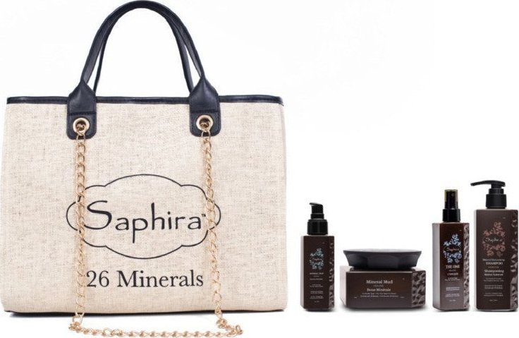 Kerastase Saphira Steppin-Out Bag plaukų priežiūros priemonių rinkinys: šampūnas, kaukė, daugiafunkcė priemonė plaukams, aliejus, rankinė