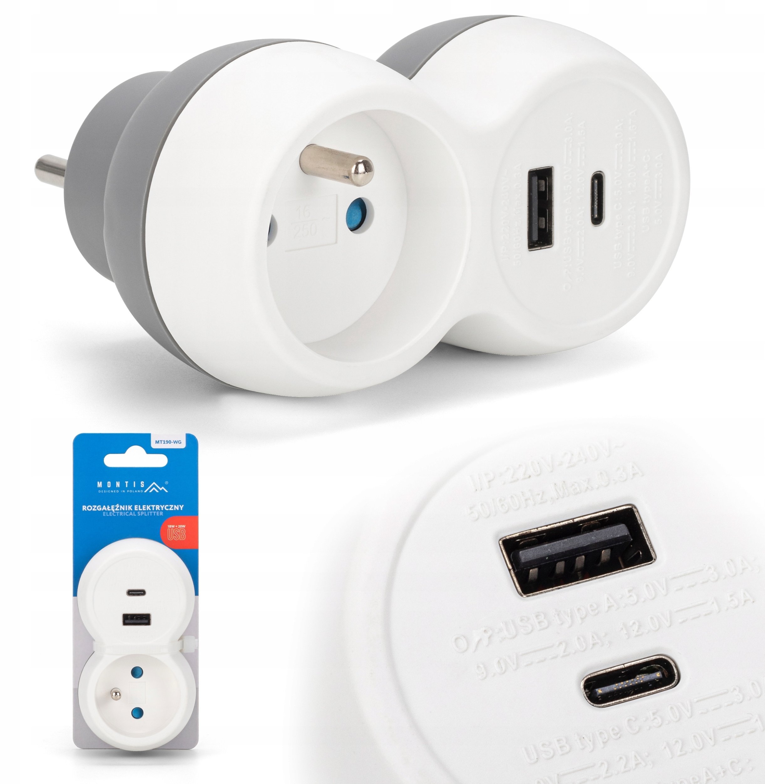 Montis Rozgałęźnik elektryczny 1-gniazowy + USB-A + USB-C MT190-WG