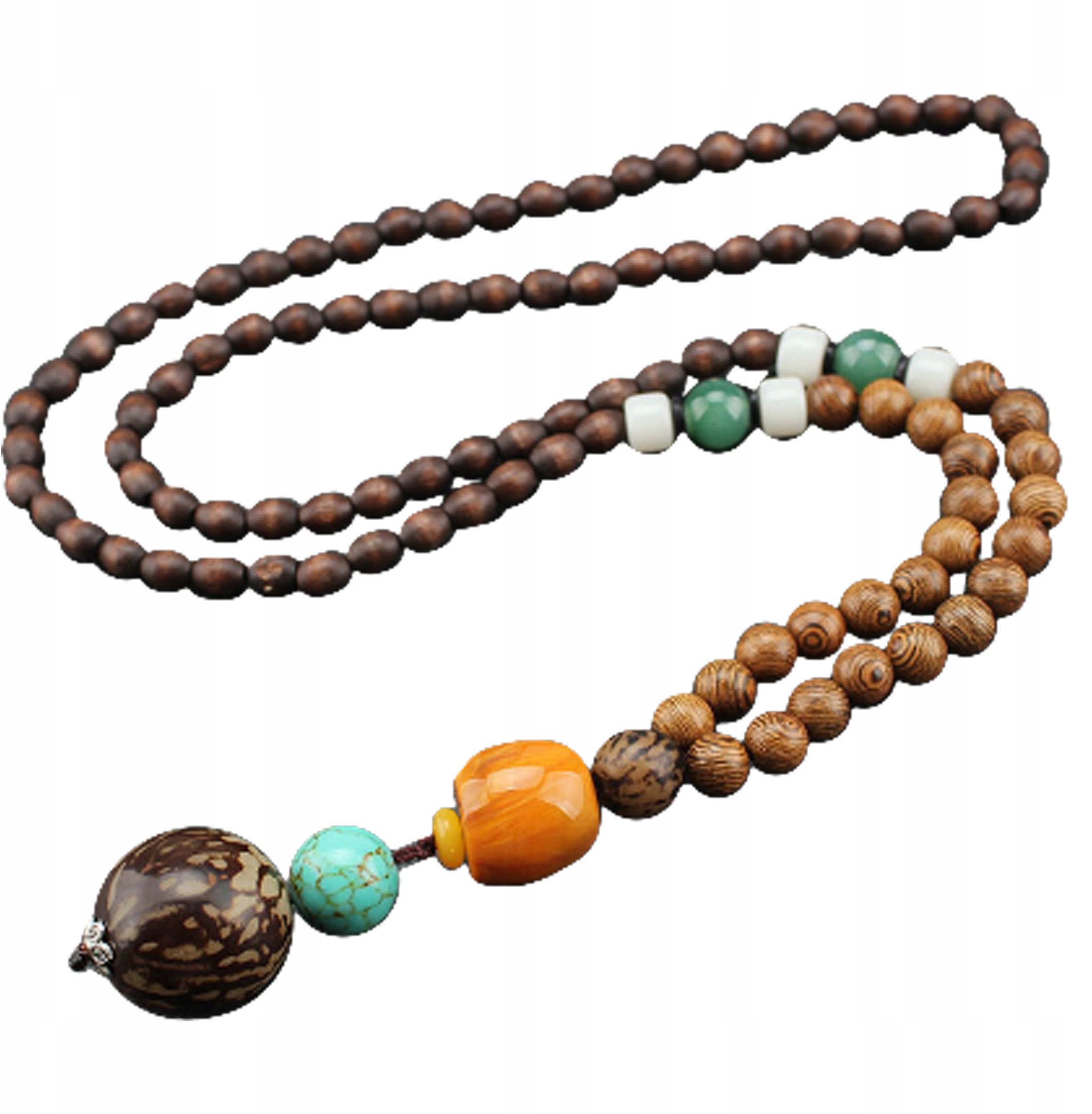 Naszyjnik Drewniany NEPAL BUDDYJSKI MALA Tybetański Amulet RĘCZNIE WYKONANY