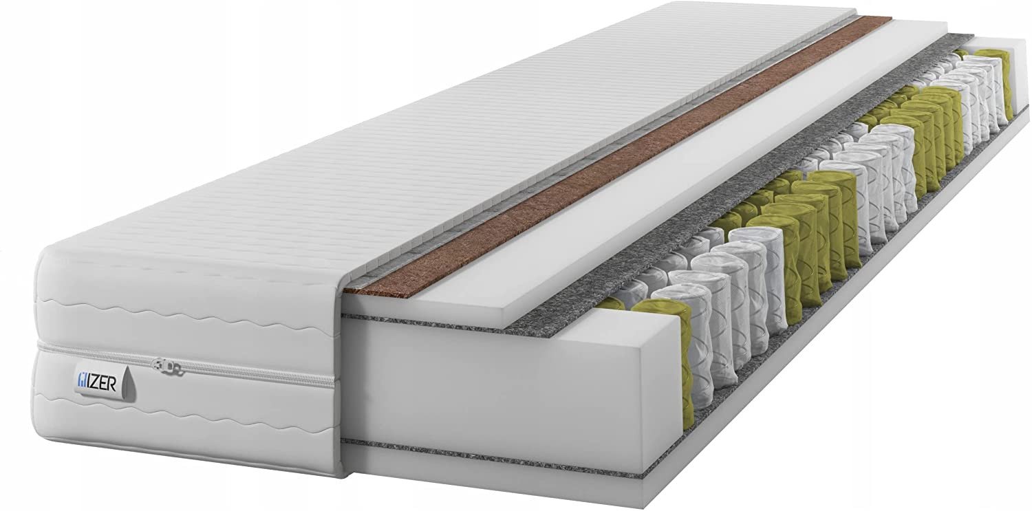 Materac sprężynowy GoldPLUS 160x190 cm z KOKOSEM | Dwustronny H3 i H4| 7 stref | Rdzeń ze sprężyn kieszeniowych | Pokrowiec pikowany