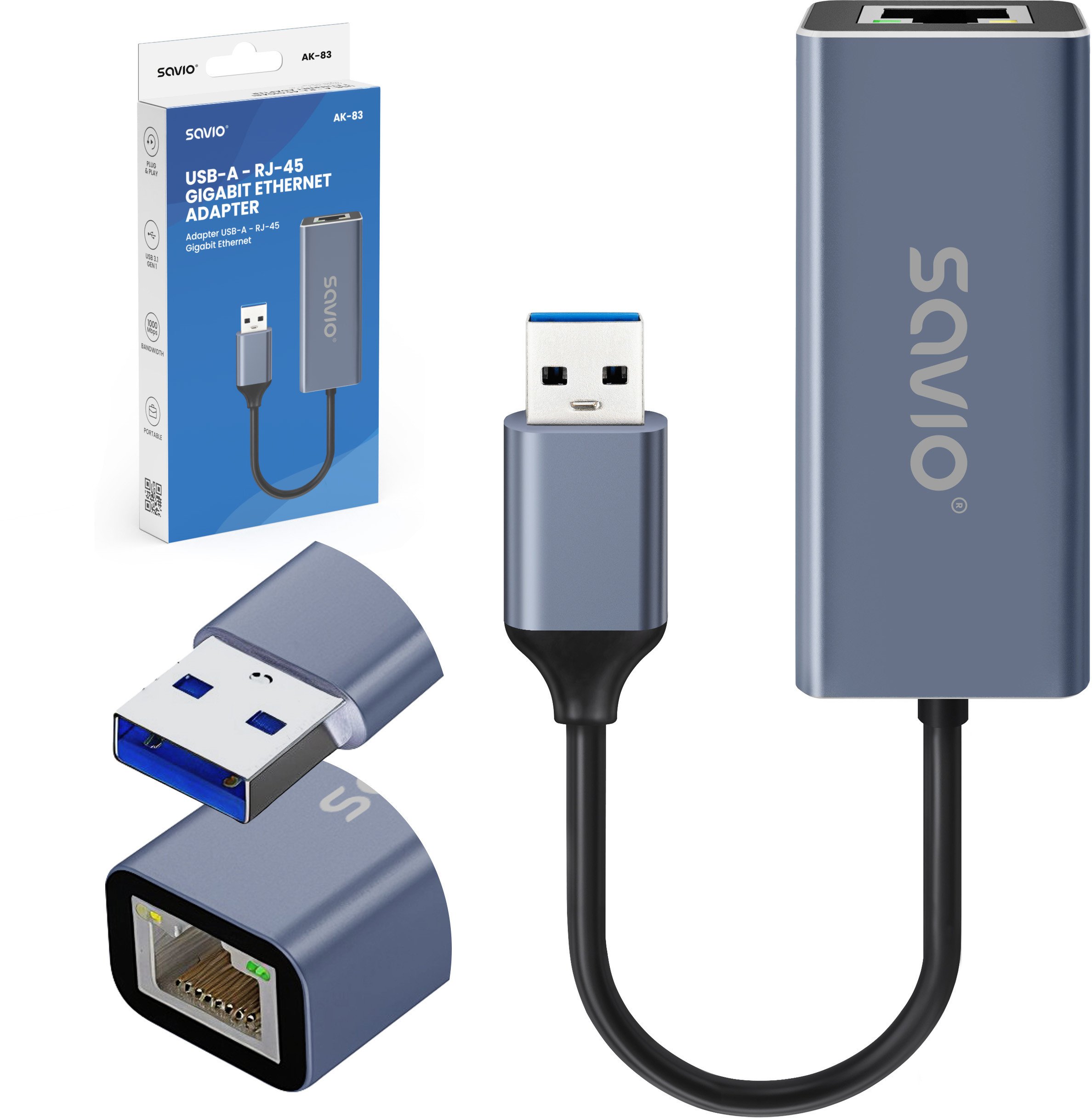 SAVIO AK-83 Adapter USB-A 3.1 GEN 1 do RJ-45 Gigabit Ethernet