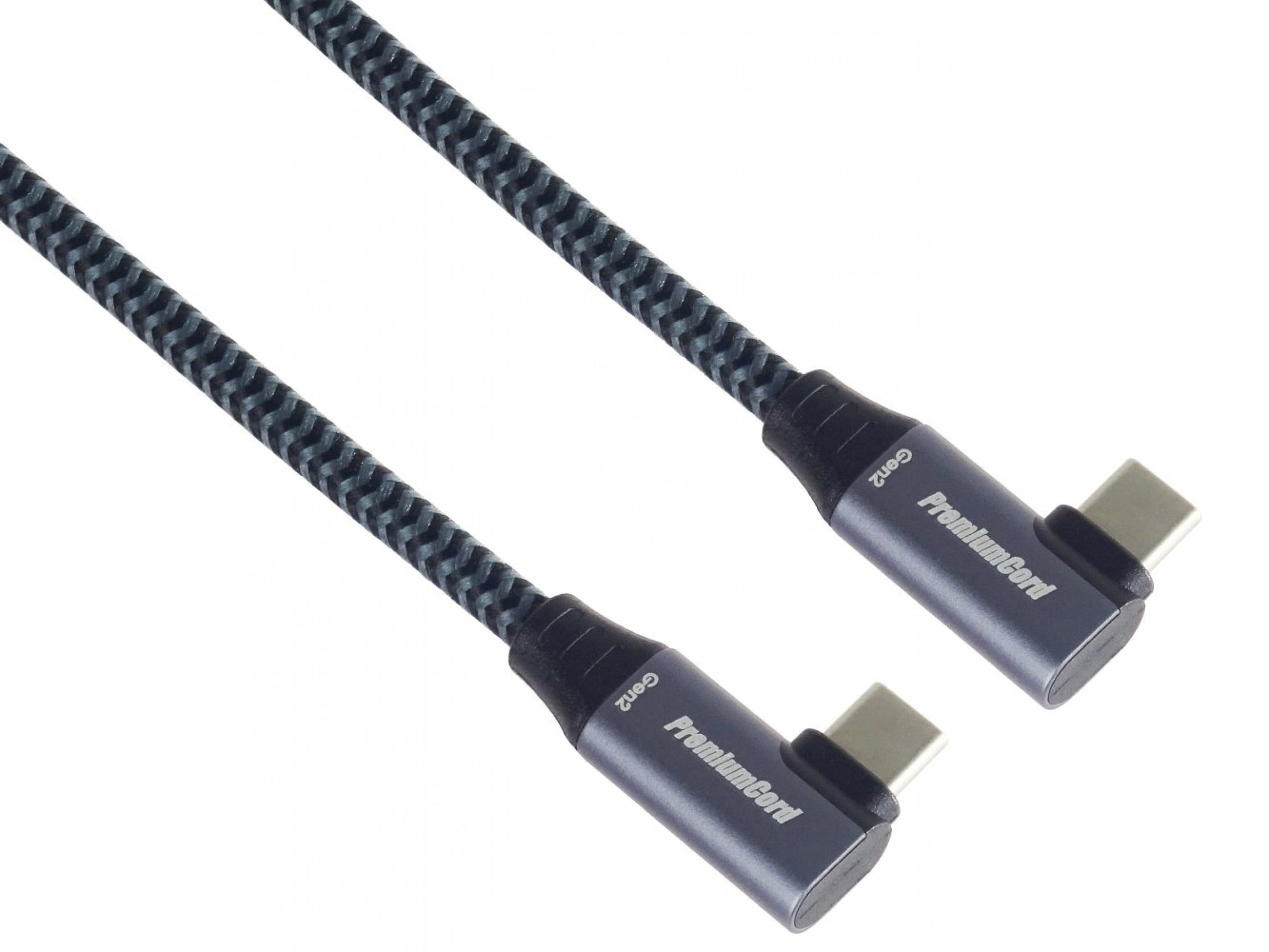 Kabel USB PremiumCord USB-C 2x zakrzywiony kabel ( USB 3.2 GEN 2x2, 5A, 100W, 20Gbit/s ) bawełniany oplot, długość: 0,5m