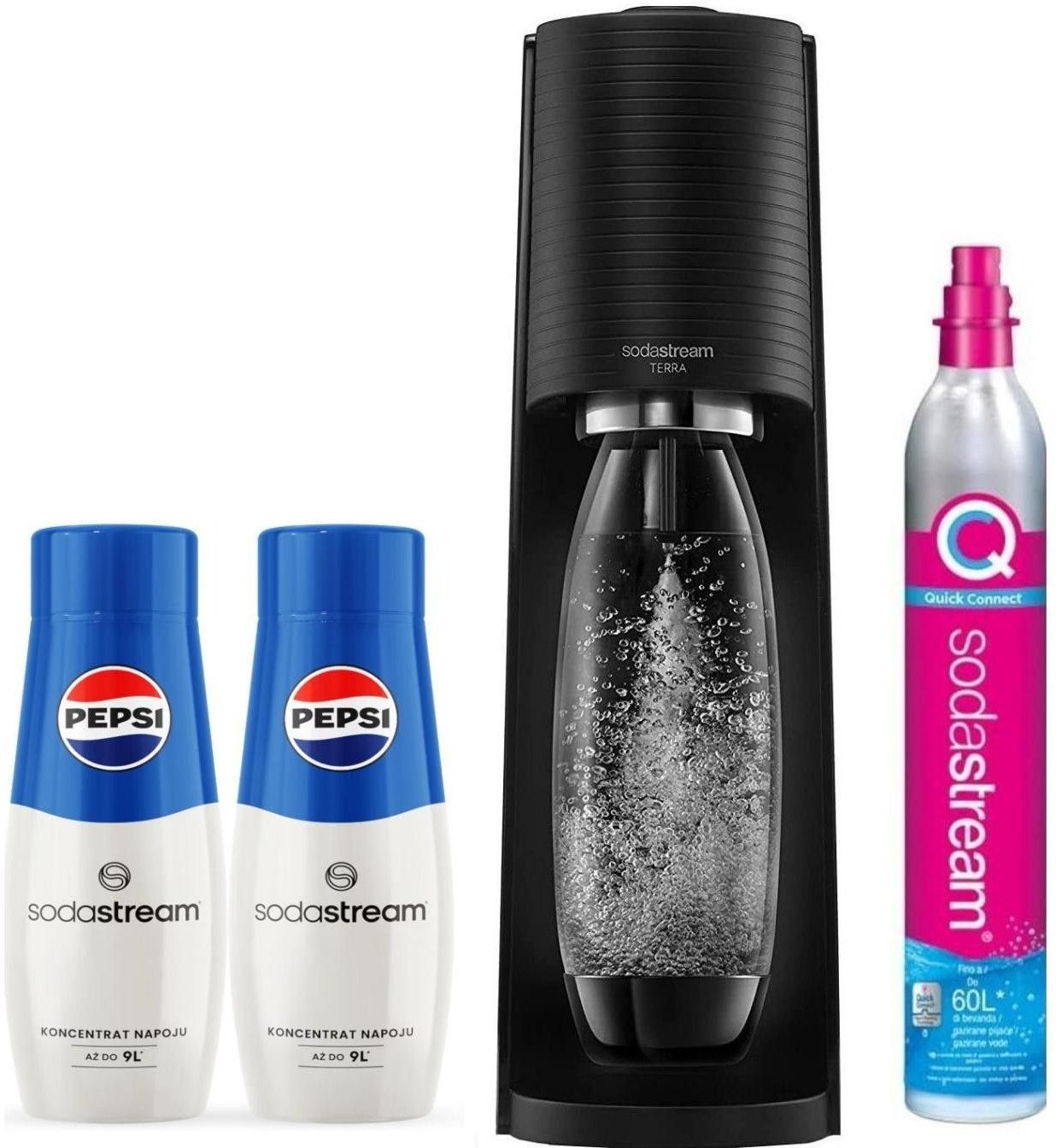Saturator Sodastream Terra + 1 butelka + gaz Czarny + 2x syrop Pepsi