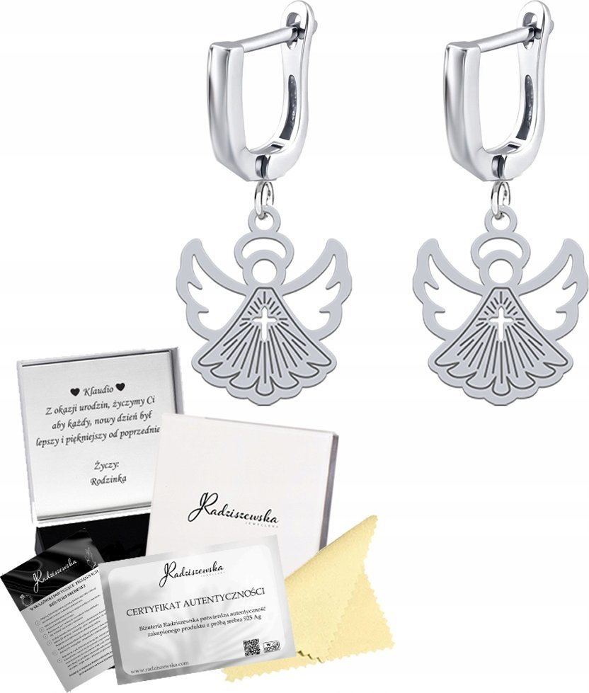 Radziszewska Jewellery Kolczyki Srebrne z Aniołkiem 925 Prezent I Komunia Święta ŻYCZENIA GRATIS