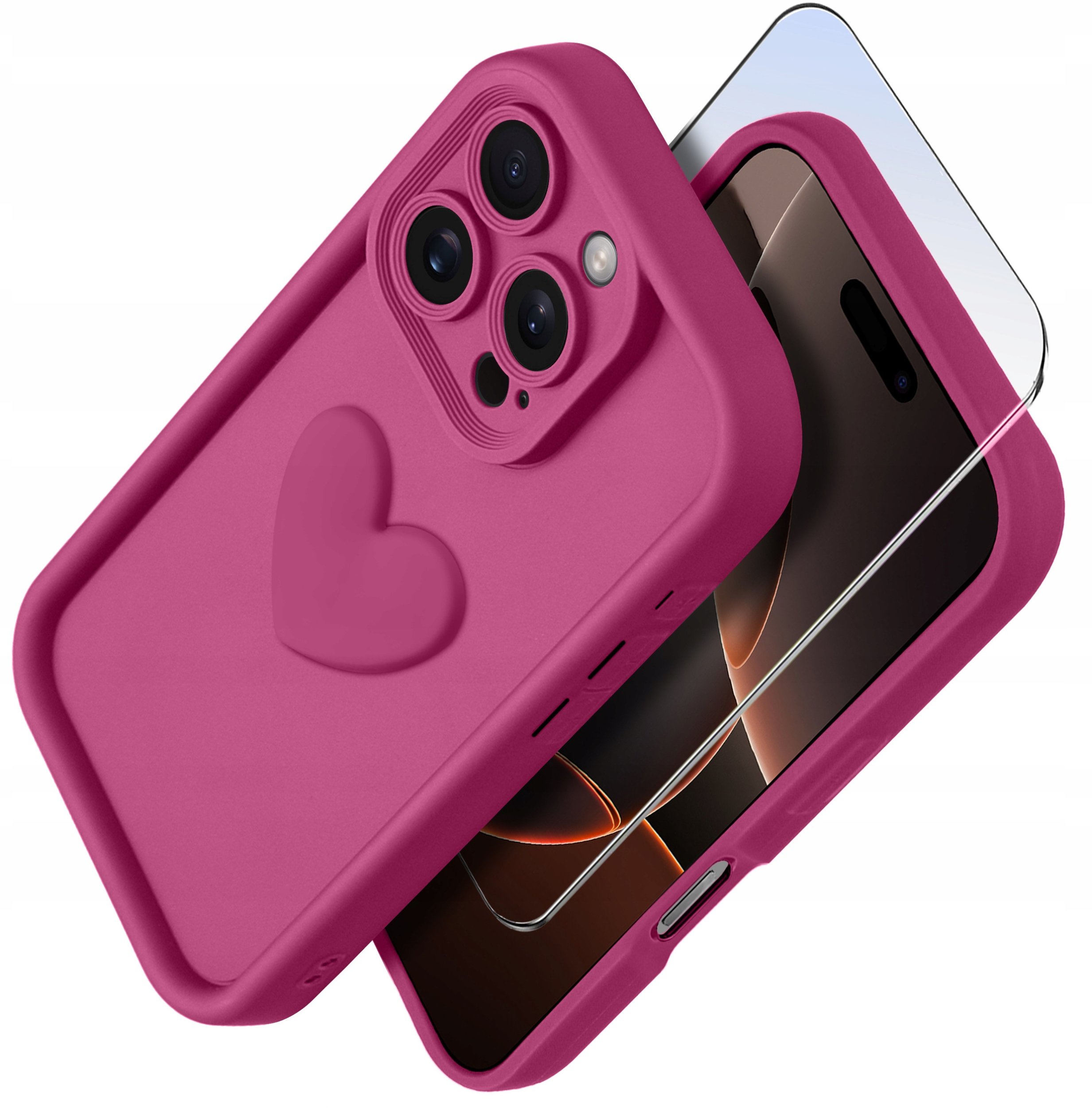Etui do iPhone 16 Pro silikonowe MATOWE serce + Szkło ochronne na ekran 9H