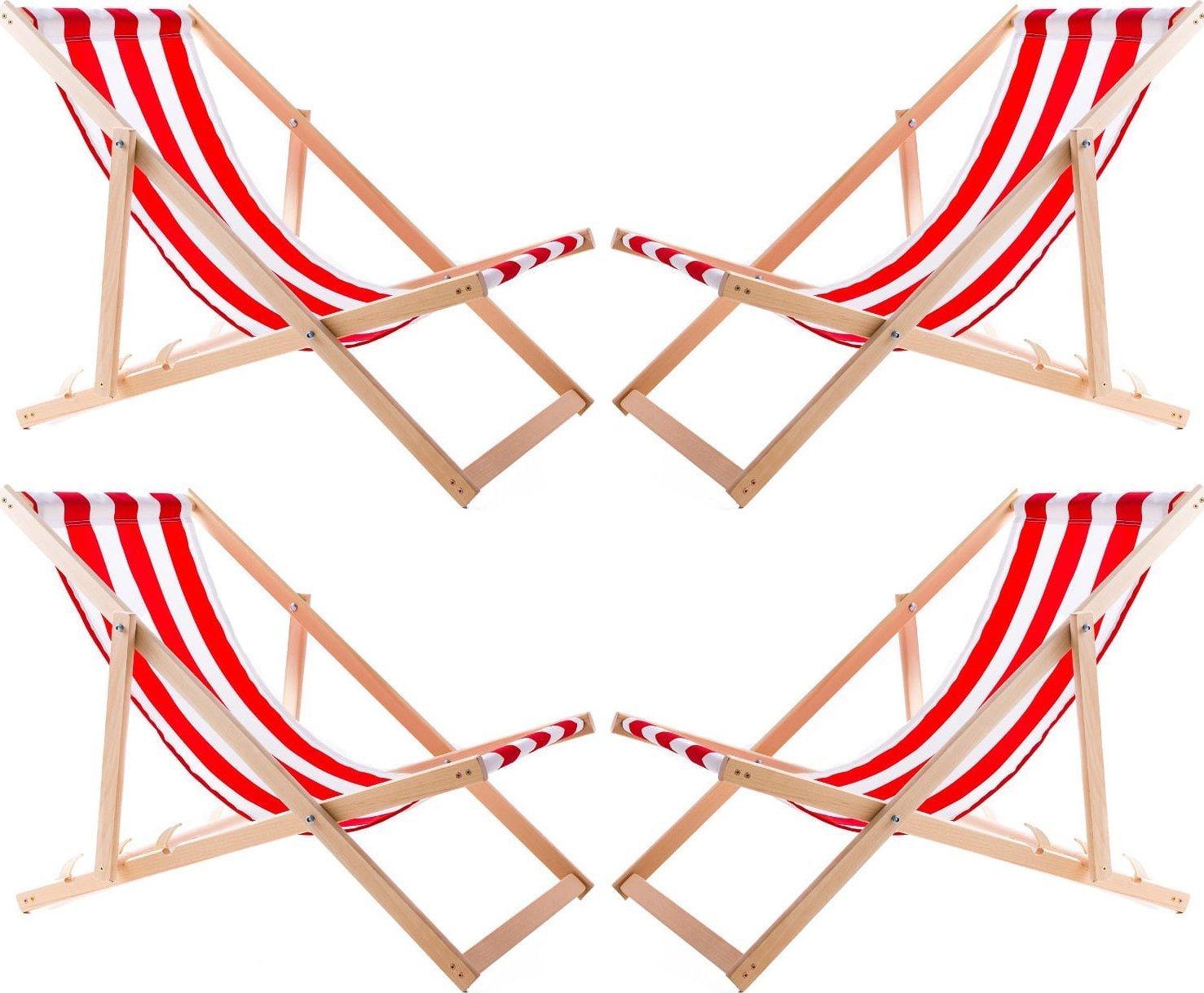 vidaXL Zestaw 4 lezaków, czerwone pasy, zmontowane, woodok