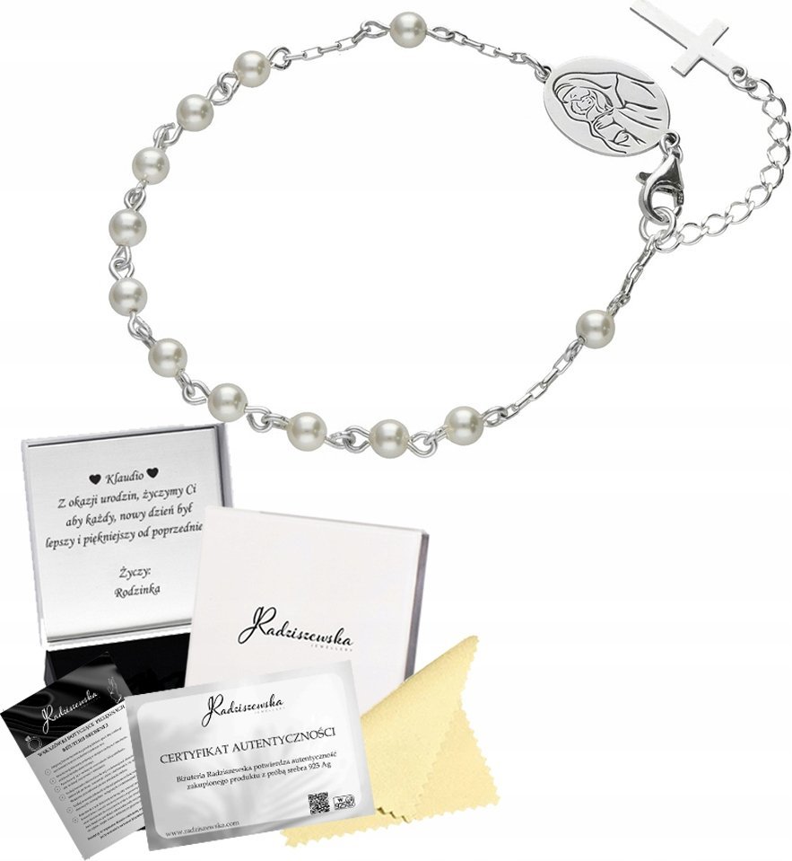 Radziszewska Jewellery Bransoletka Różaniec Perłowy Medalik Krzyżyk 925 Prezent GRAWER GRATIS